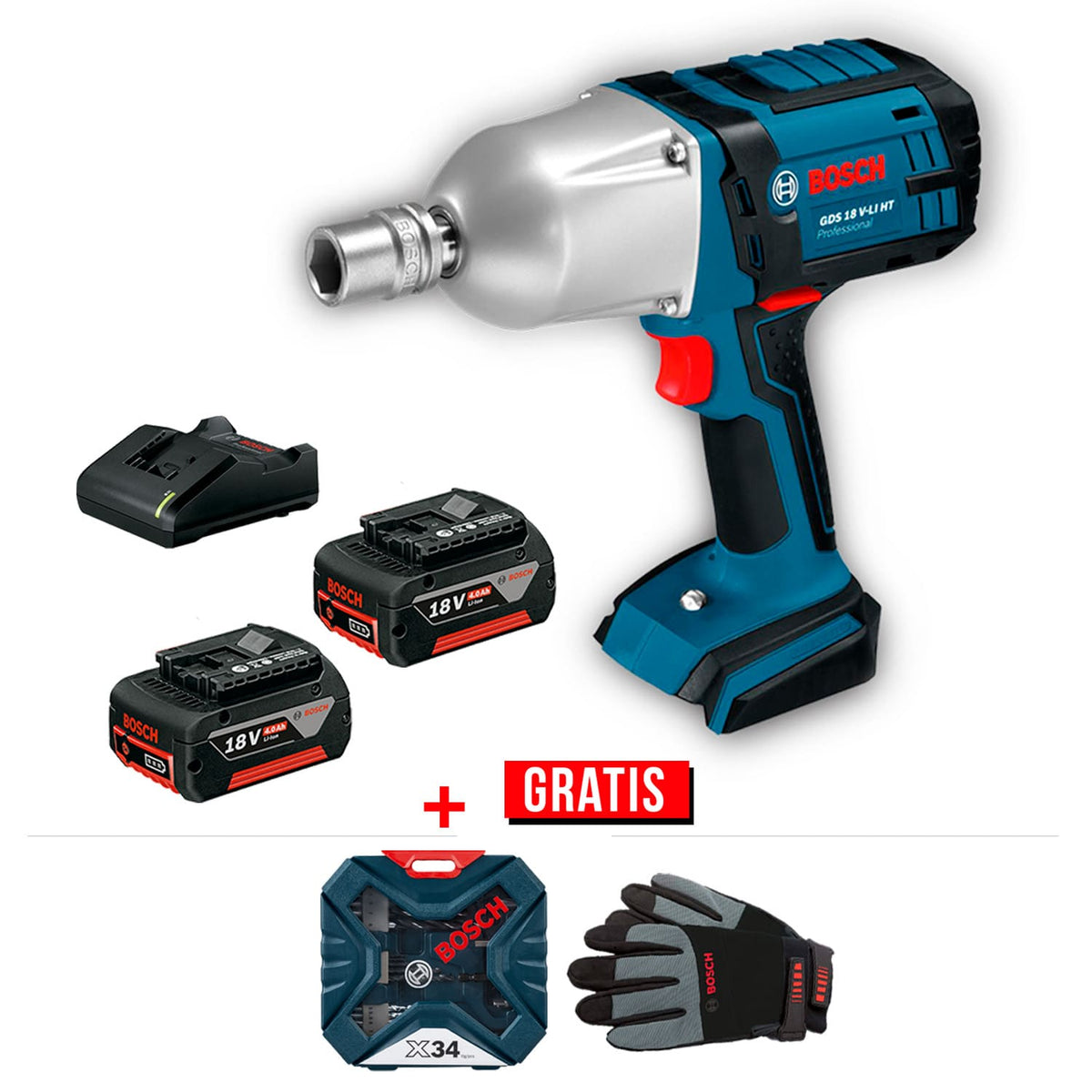 LLAVE DE IMPACTLlave De Impacto 1/2" 18v GDS 18V-LI HT + Accesorios BOSCH 06019B1300-P1O 1/2 18V + ACCES BOSCH