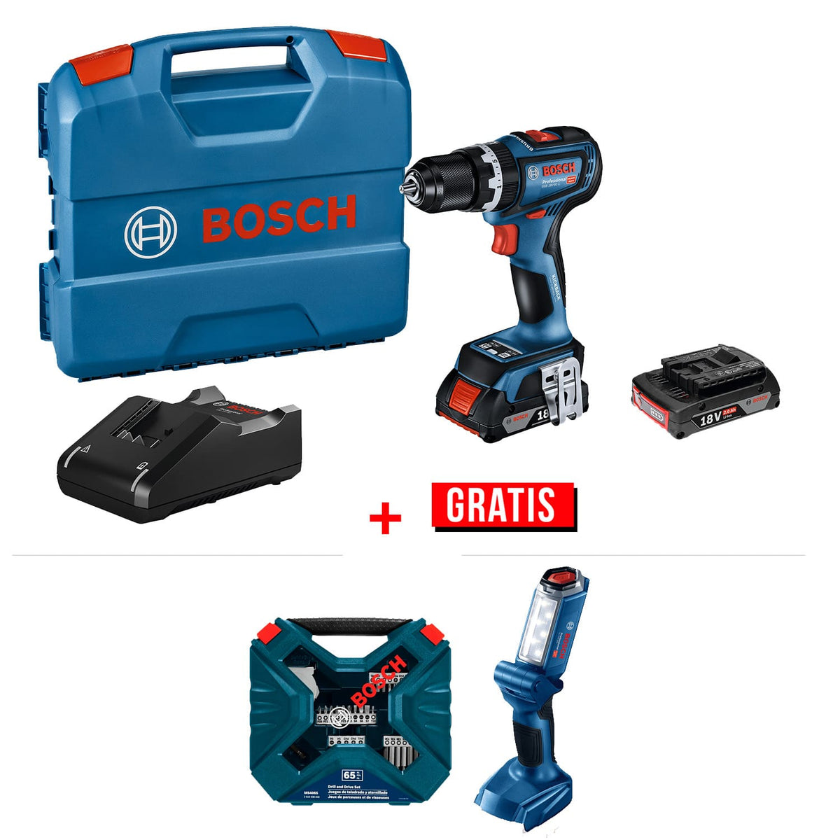 Rotomartillo 1/2" Brushless 18V + Linterna + Set de 65 Puntas y Brocas  Bosch 0615A002L0-P1