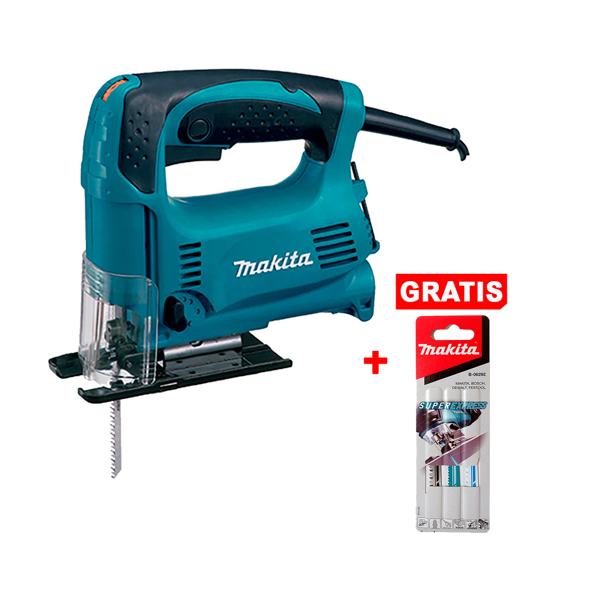 Sierra caladora de velocidad variable 450W + Juego 3 seguetas super express Makita