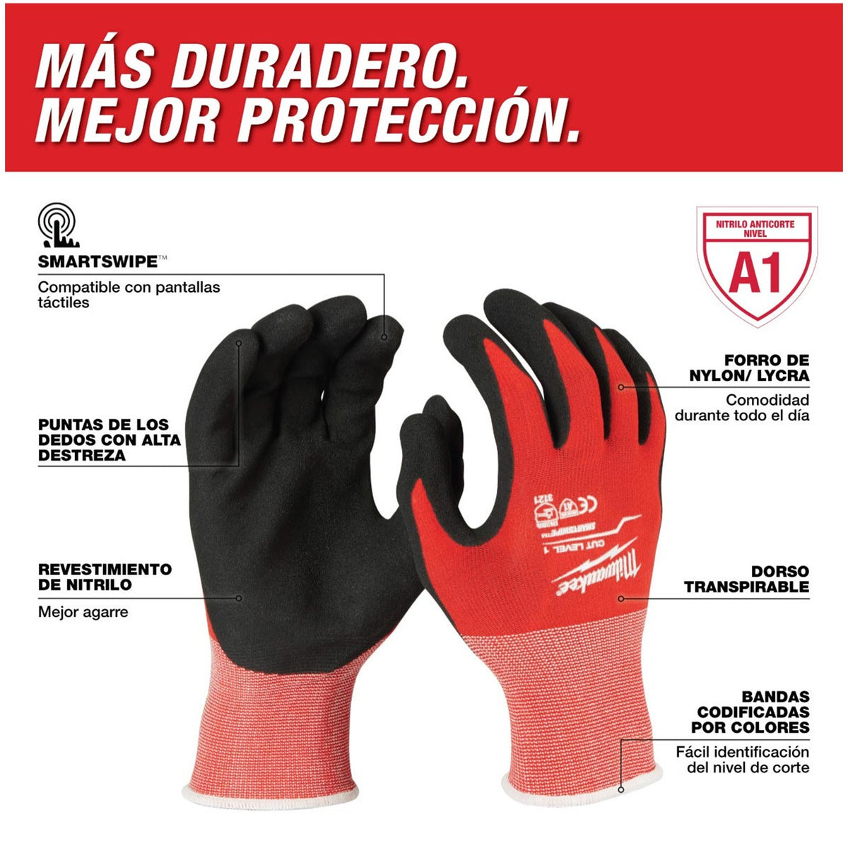 Guantes anti-corte nivel 1 de nitrilo (CH) Milwaukee 48-22-8900