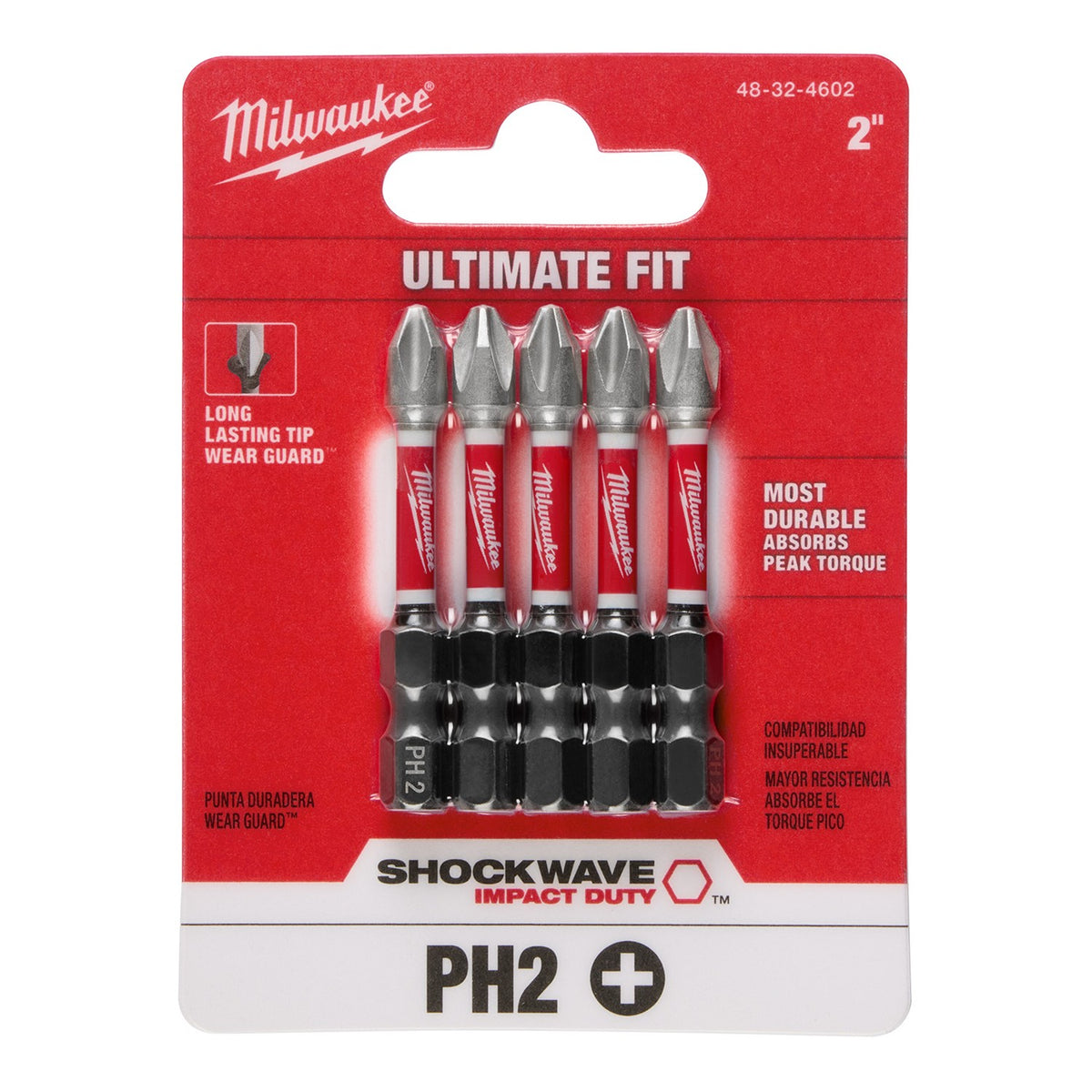 Paquete de 5 Puntas de Impacto PH2 de 2" SHOCKWAVE™ Milwaukee 48-32-4602