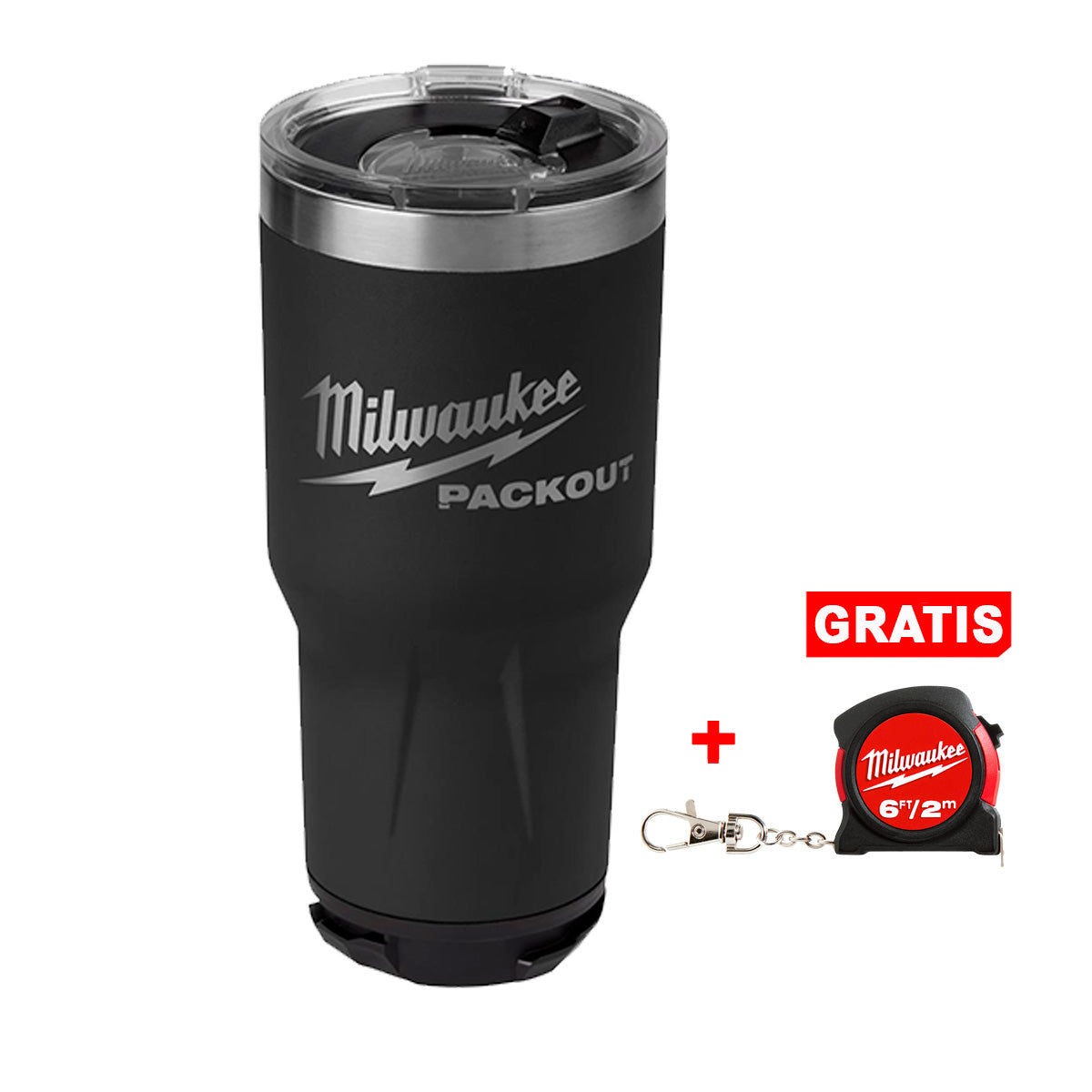 Termo de 880ml (30oz) negro PACKOUT™ + Flexómetro de llavero 2m/6' Milwaukee