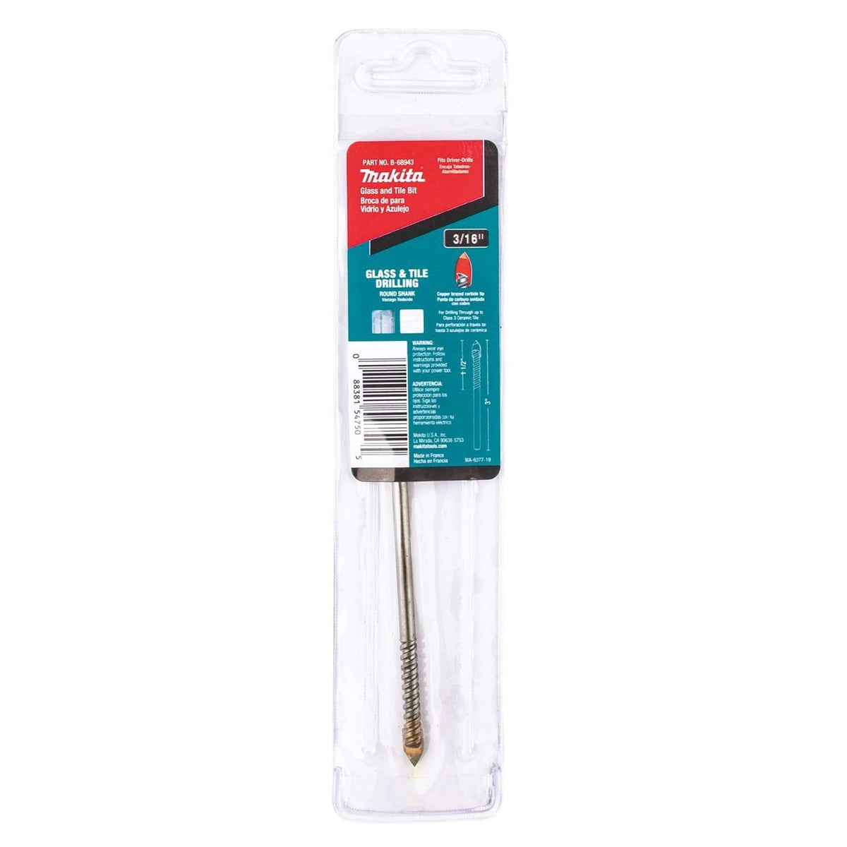 Broca de 3/16" x 3" para Vidrio y Azulejo Makita B-68943