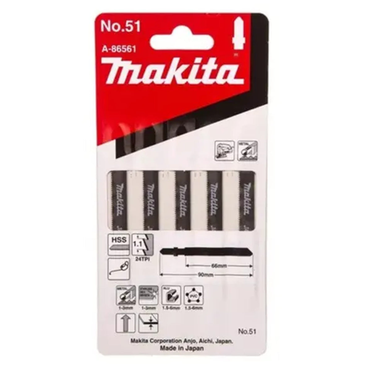 Segueta para Caladora de Corte Recto Para Metal 90 mm (5 Piezas) Makita A-86561