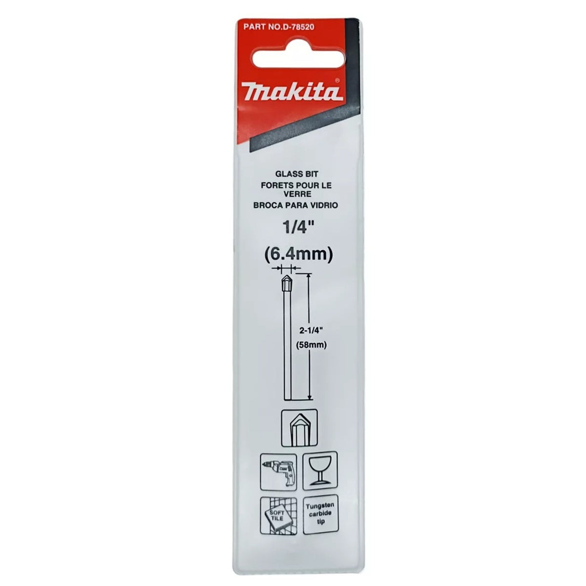 Broca para Vidrio 1/4" x 2-1/4" Makita D-78520