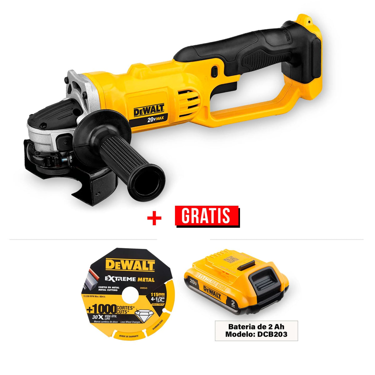 Esmeriladora Angular Inalámbrica de 4 ½" 20V MAX + Regalos DEWALT DCG412B-P1