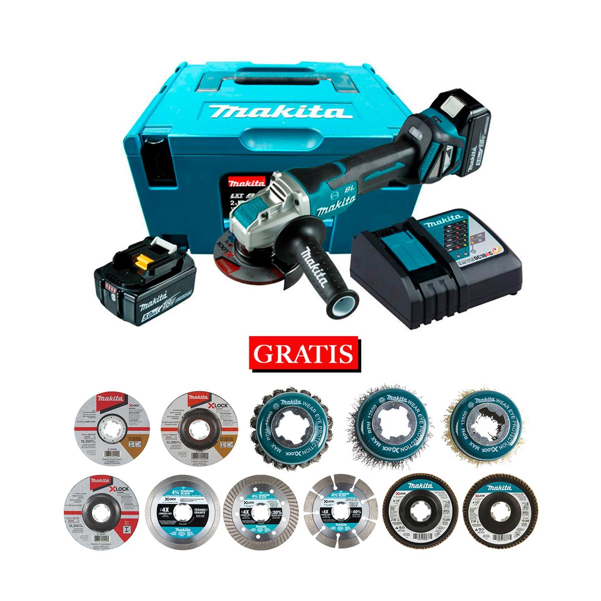 Esmeriladora angular de 4½" 18V LXT Makita + 10 Discos XLOCK de Regalo Makita DGA469RTJ-P1