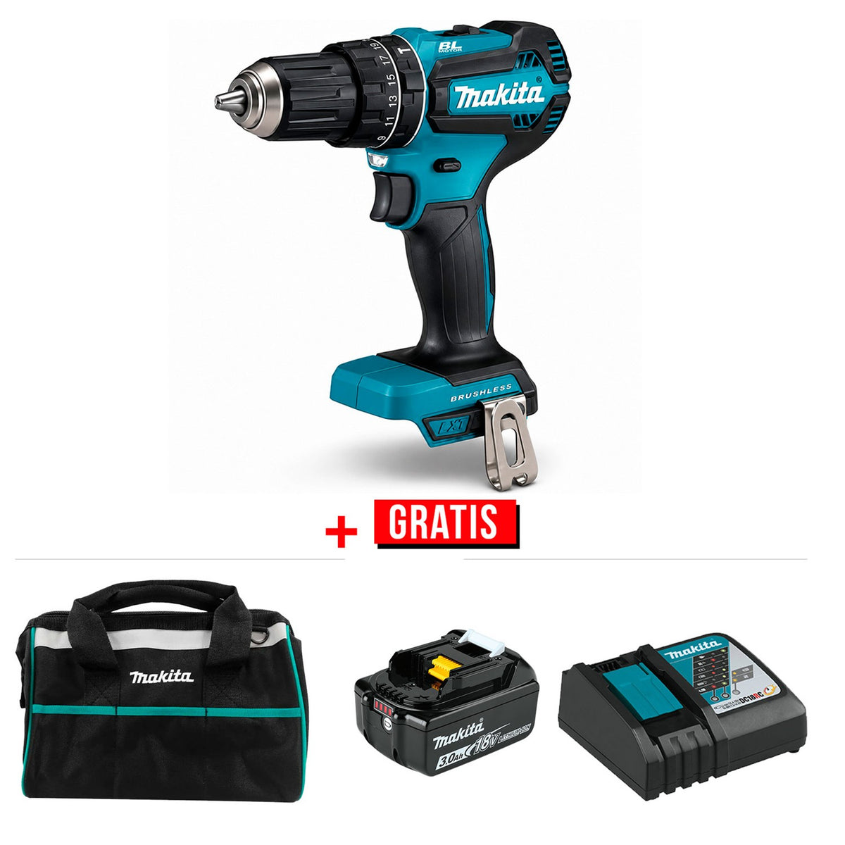 Rotomartillo Atornillador  1/2" 18V LXT + Regalos Makita DHP485Z-P3