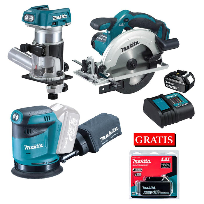 Combo Kit de Sierra Circular, Lijadora Orbital y Rebajadora de 18V + Regalo Makita DLX3165ST-P1