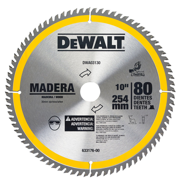 Disco Sierra 10” X 1” 80 Dientes Madera DEWALT DWA03130