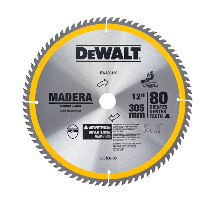 Disco Sierra 12” X 1” 80 Dientes Madera DEWALT DWA03150