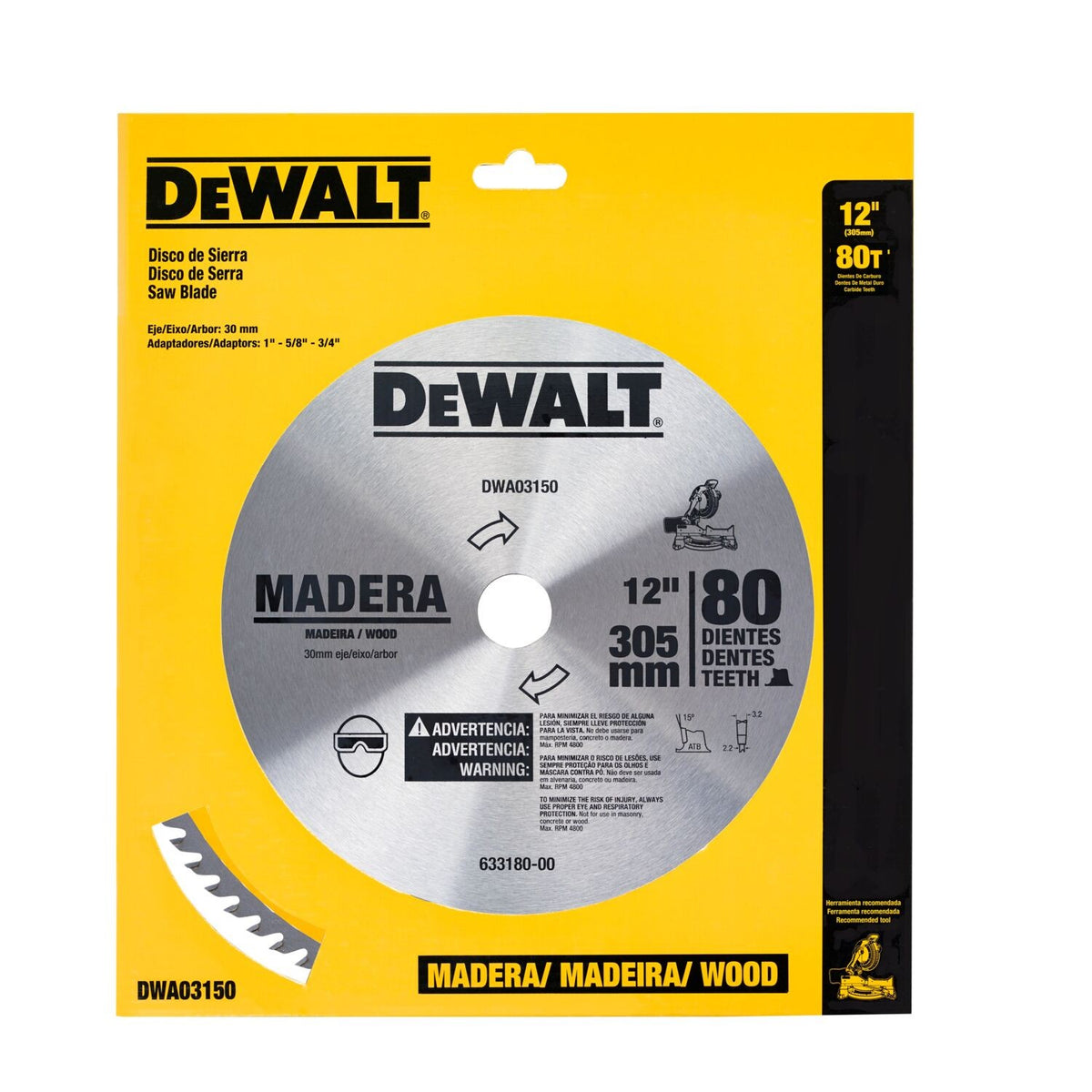 Disco Sierra 12" X 1" 80 Dientes Madera DEWALT DWA03150
