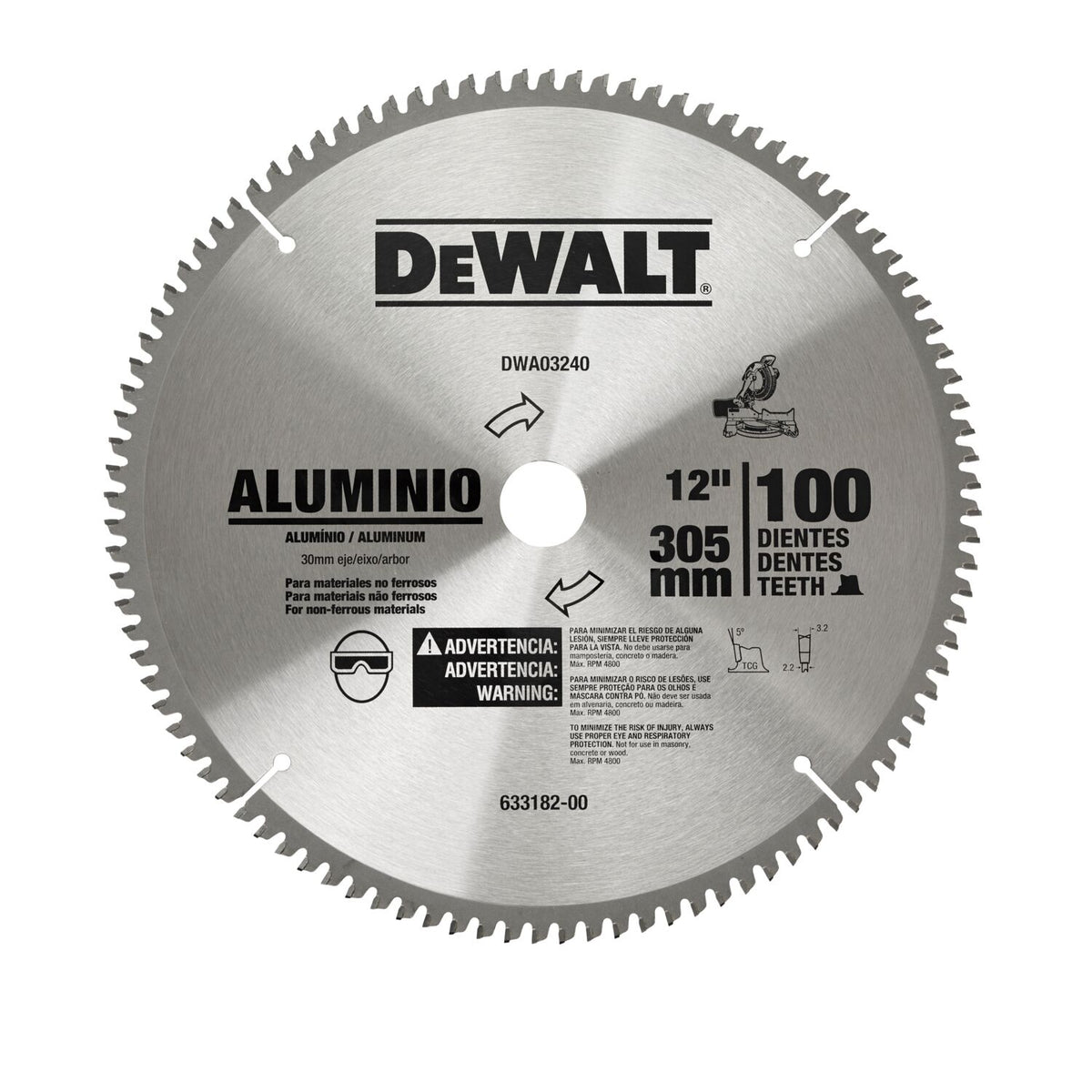 Disco Sierra de 12" Corte Aluminio 100 Dientes Dewalt DWA03240