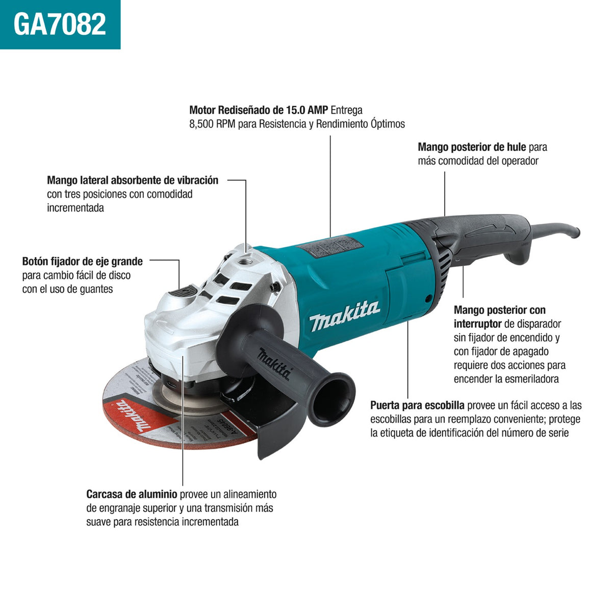 Esmeriladora Angular 7” 2,700W Makita GA7082