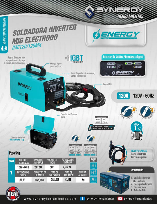 Inversor 2 en 1 MIG + Electrodo – 120A Energy IME120/1/120 MX
