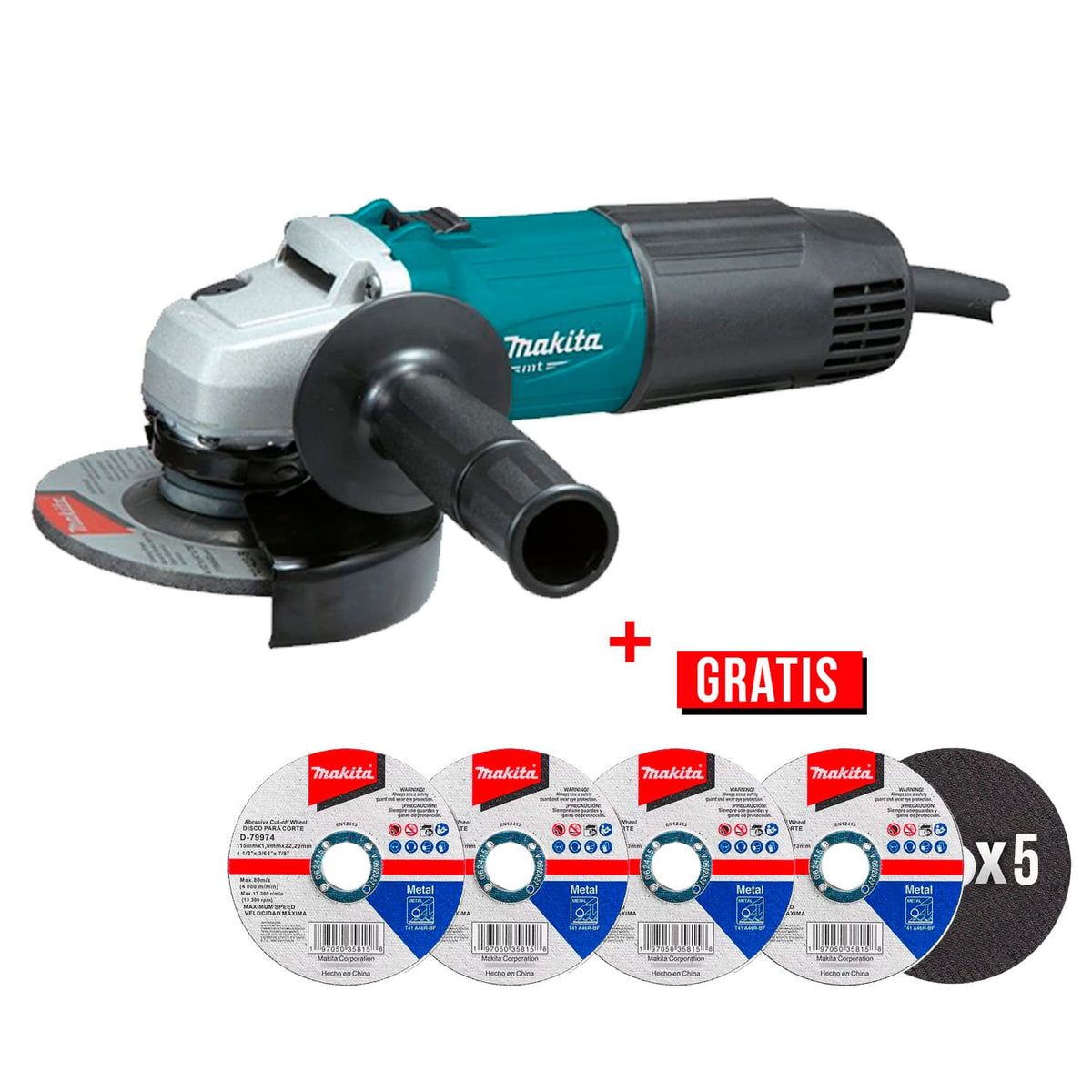Mini Esmeriladora Angular de 4½" 540W + 5 Discos Makita M0901BX30