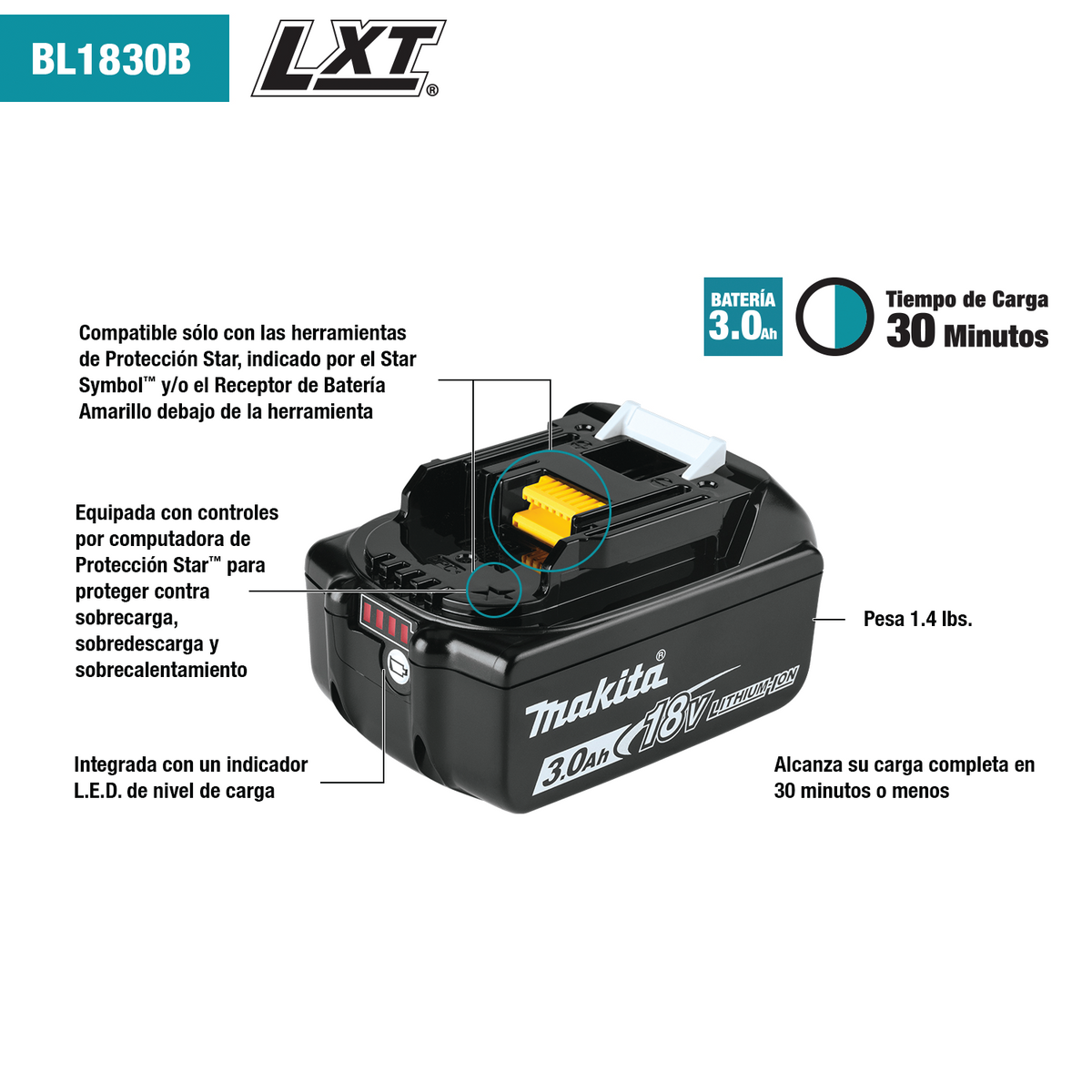 Batería LXT® Litio"‘Ion de 18V 3.0Ah Makita BL1830B