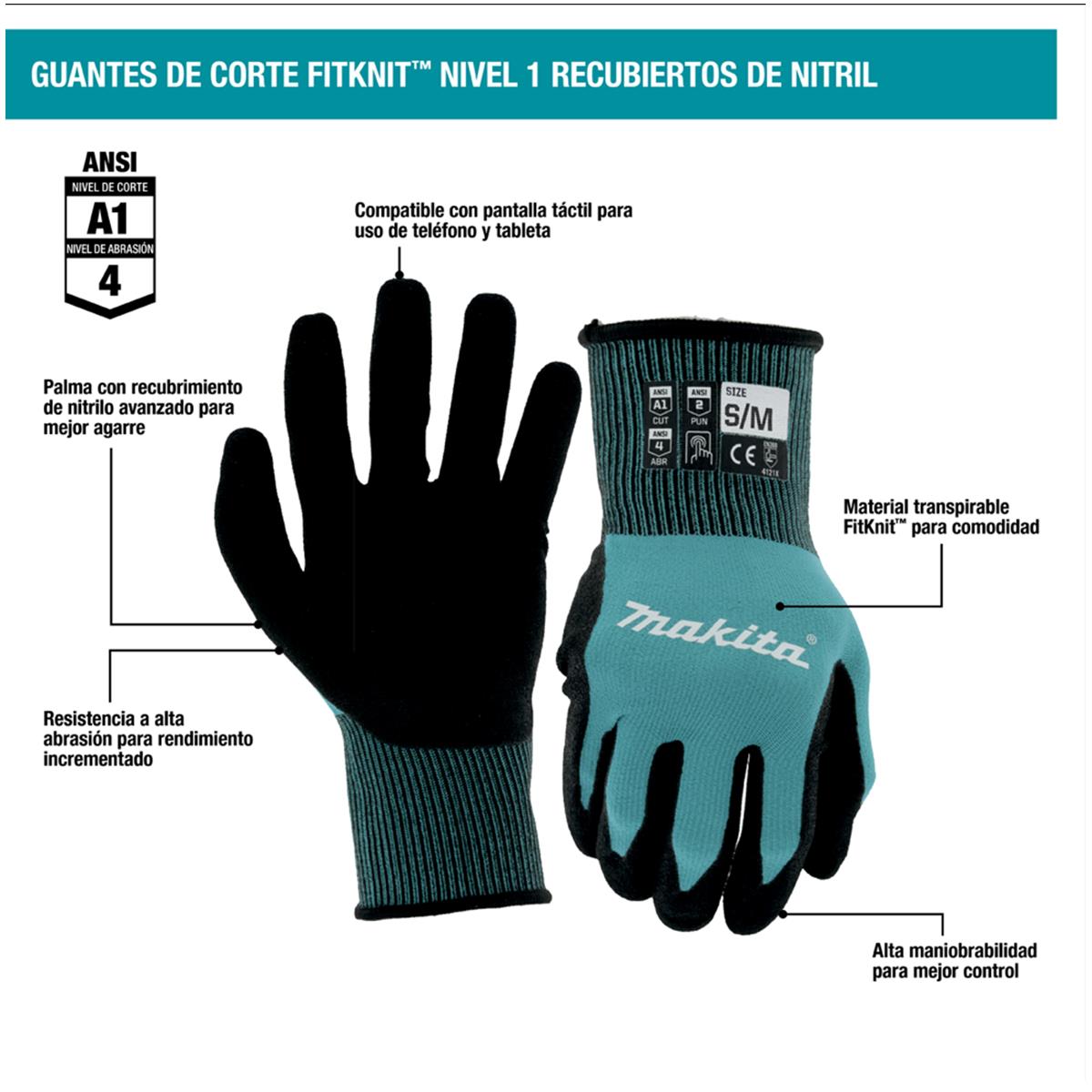 Guantes de Corte FitKnit™ Nivel 1 Recubiertos de Nitrilo (Grande/Extra Grande) Makita T-04123