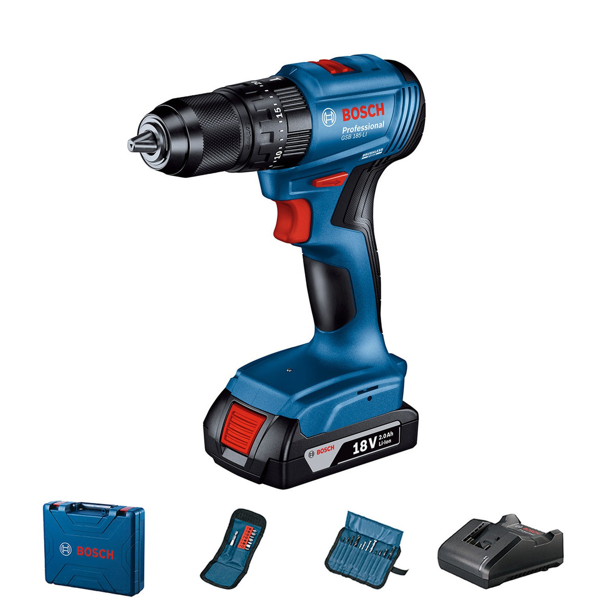 Rotomartillo de 1/2" 18V brushless (GSB 185-LI) + Accesorios Bosch 06019K31G4