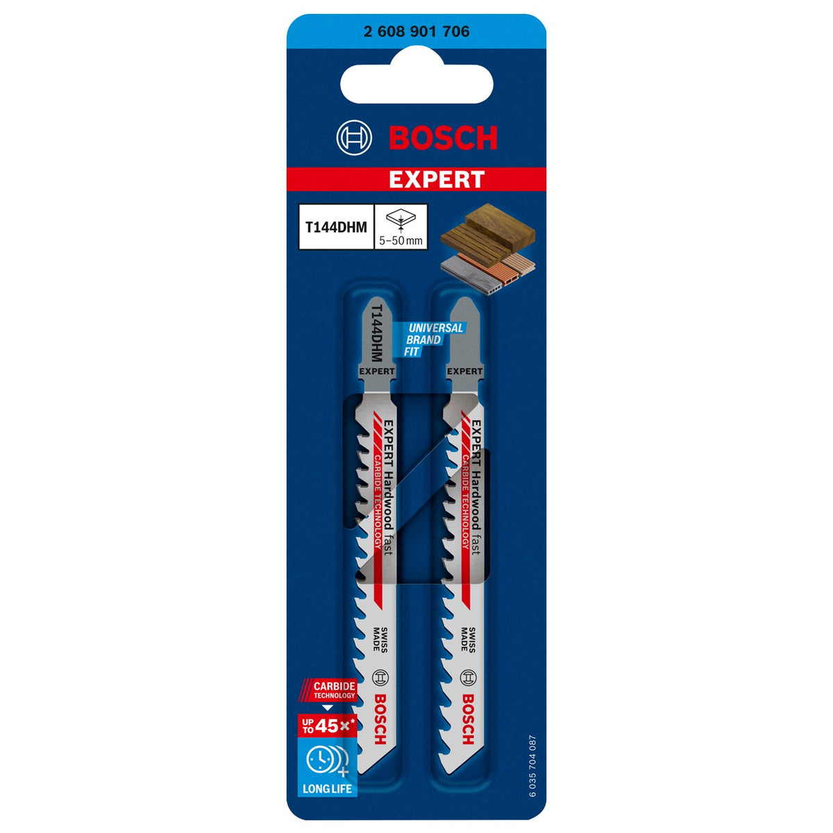 Segueta Caladora para Madera Dura 2 Pzas T144DHM EXPERT Bosch 2608901706