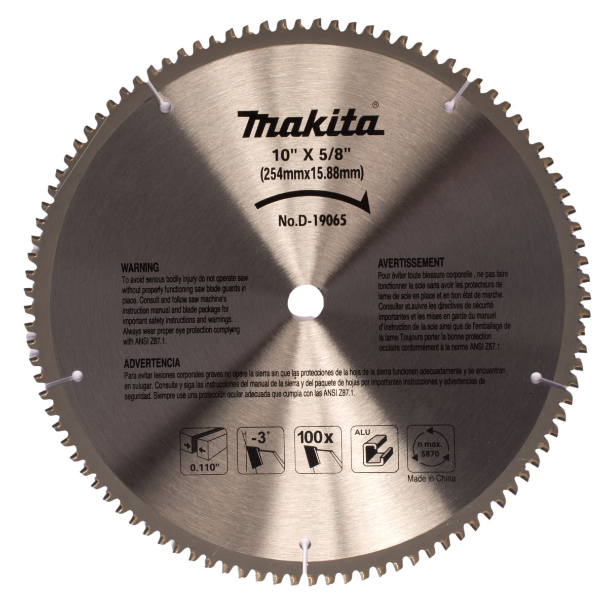 Disco de Sierra de 10" para Corte de Aluminio 100T Makita D-19065