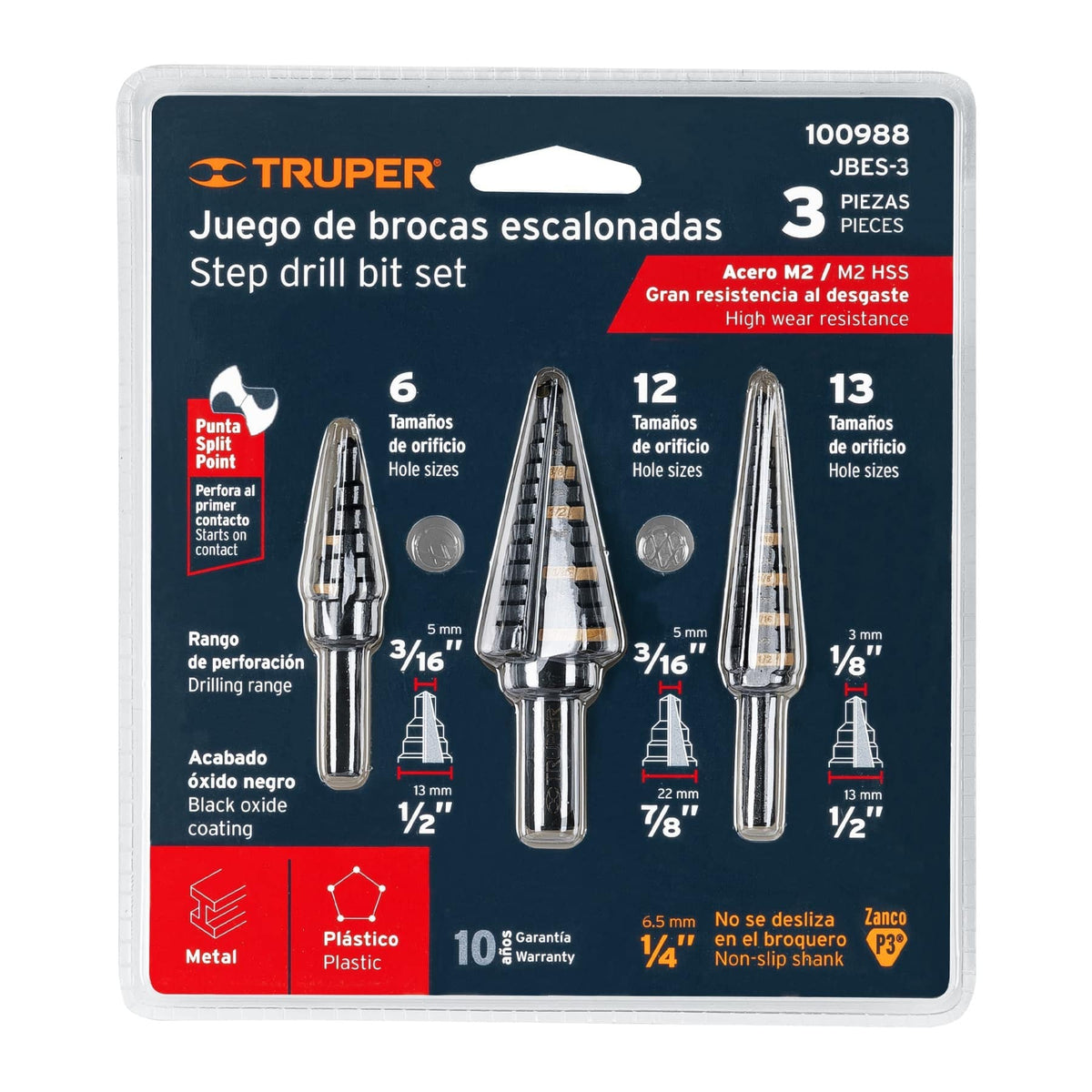 Juego de Brocas Escalonadas de Óxido Negro (3 Piezas) Truper 100988 | JBES-3