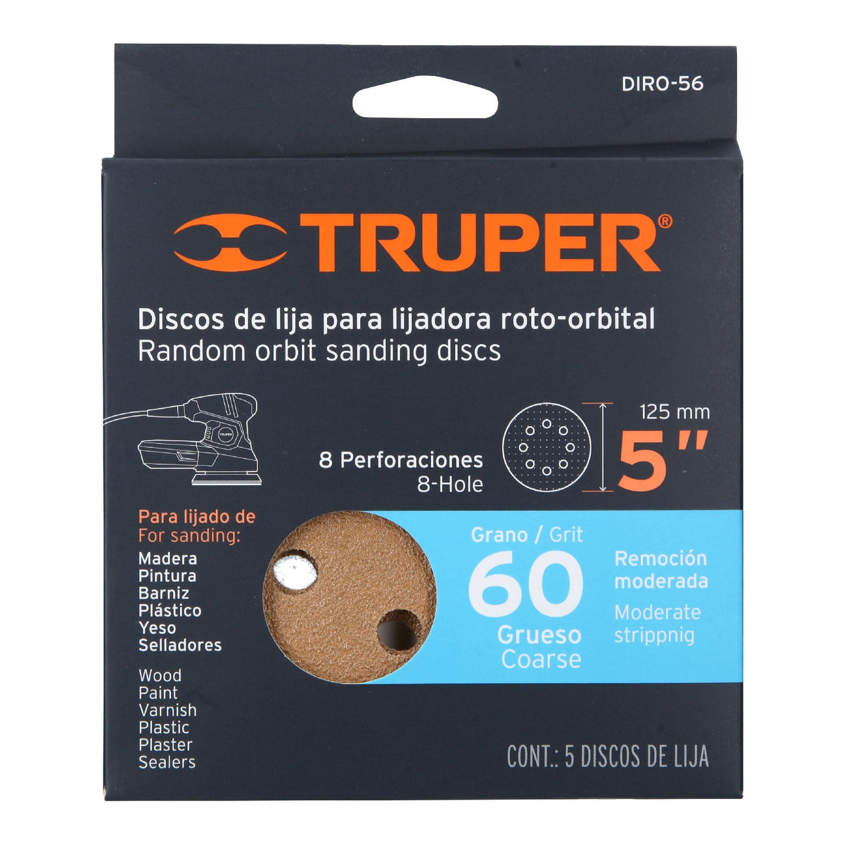 Disco de Lija de 5" Grano 60 (5 Piezas) Truper 17848 | DIRO-56