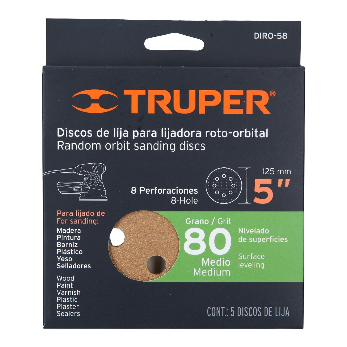 Disco de Lija de 5" Grano 80 (5 Piezas) Truper 17942 | DIRO-58