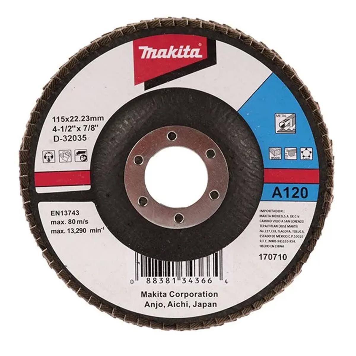 Disco Laminado de 4½" de G120 para Desbaste de Metal y Madera Makita D-32035