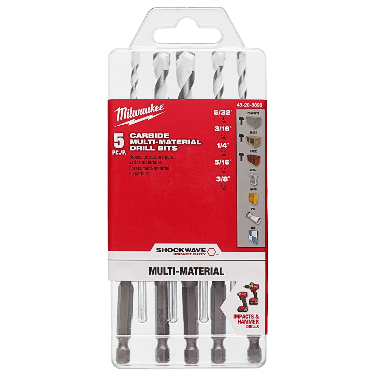 Juego de Brocas de Carburo Multi-Material SHOCKWAVE™ (5 Piezas) Milwaukee 48-20-8898