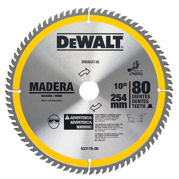 Disco Sierra 10” X 1” 80 Dientes Madera DEWALT DWA03130