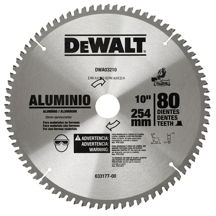 Disco Sierra 10”X1” 80 Dientes Aluminio DEWALT DWA03210