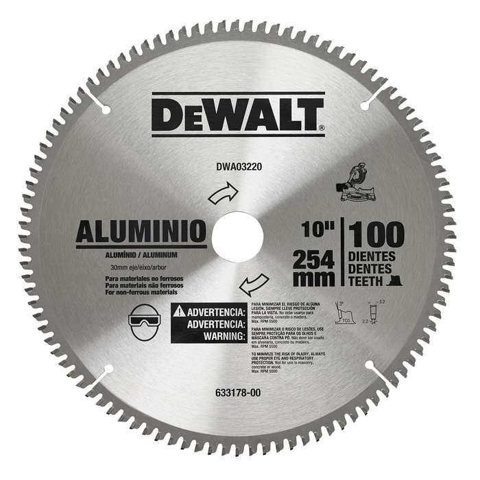Disco Sierra 10”X1” 100 Dientes Aluminio DEWALT DWA03220